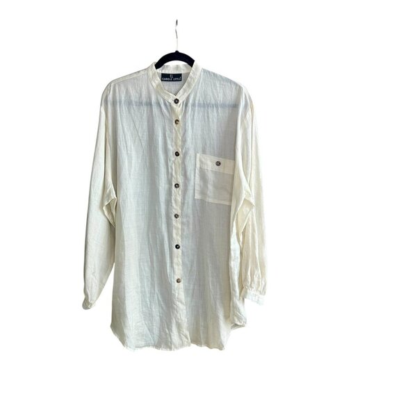 Carole Little Vintage Ivory Cream 100% Linen Band Collar Tunic Shirt MOP - Picture 2 of 11